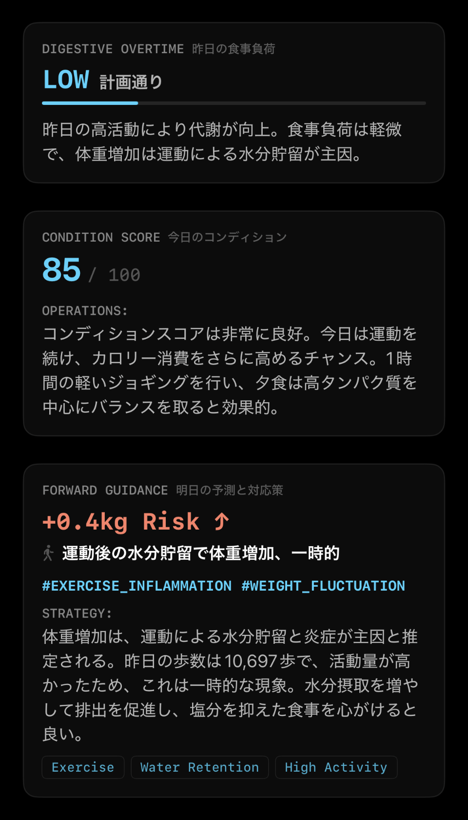 Morning Briefing 画面 — 今日の戦略と体調サマリーを表示